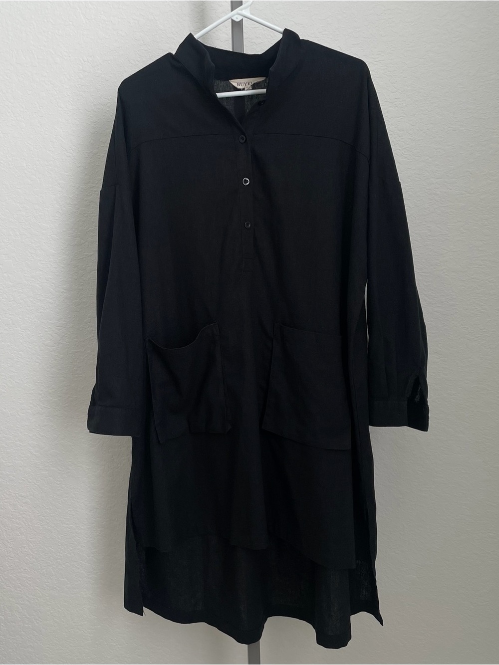 BUYKUD Black Linen Tunic Pop Over Lagenlook Top Size Large